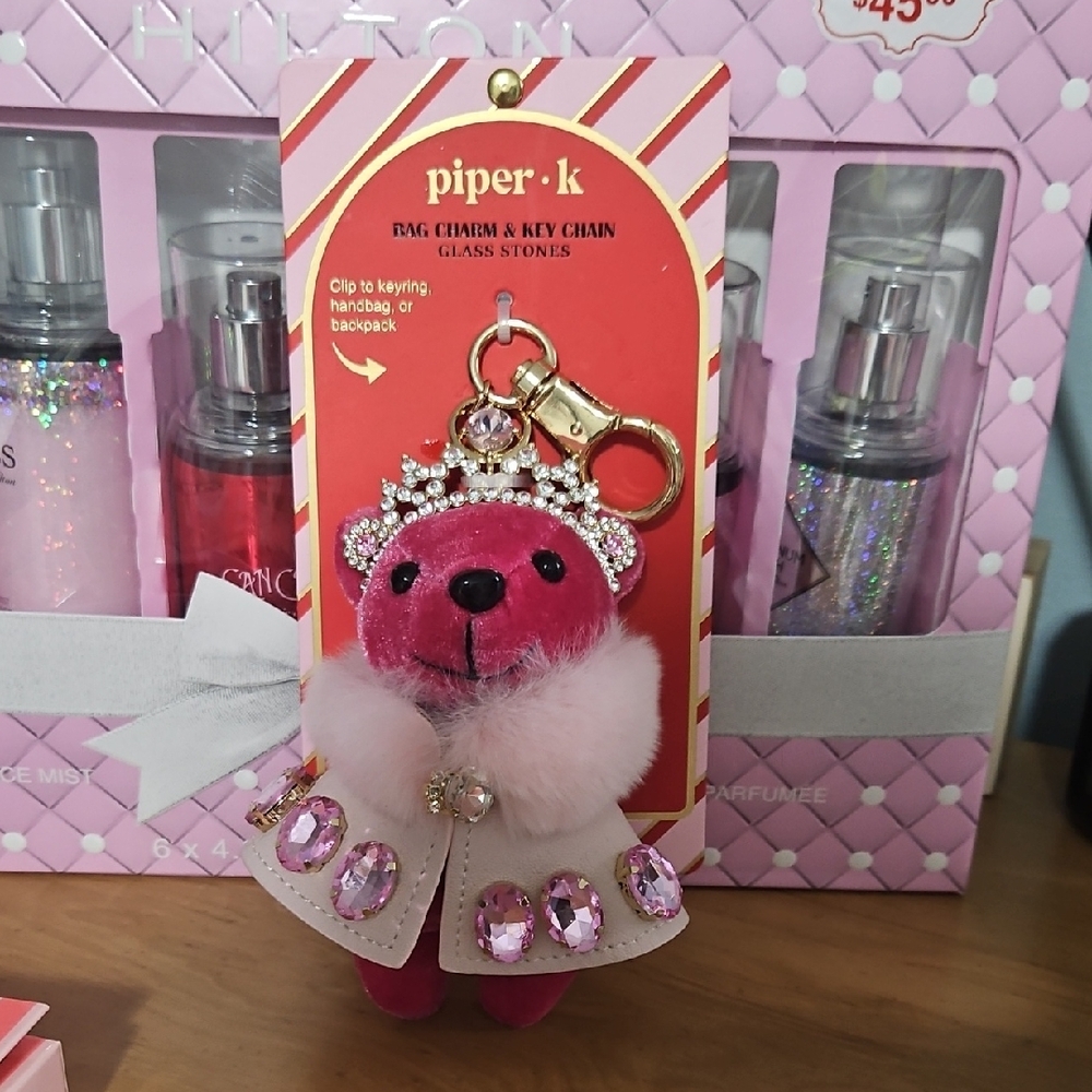 NWT Piper K Pink Bling Princess Bear Plush Clip Keychain
